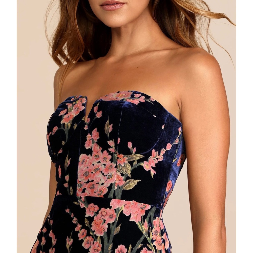 Lulus Bloom in Mind Navy Blue Pink Floral Burnout Velvet Strapless Gown S 2713